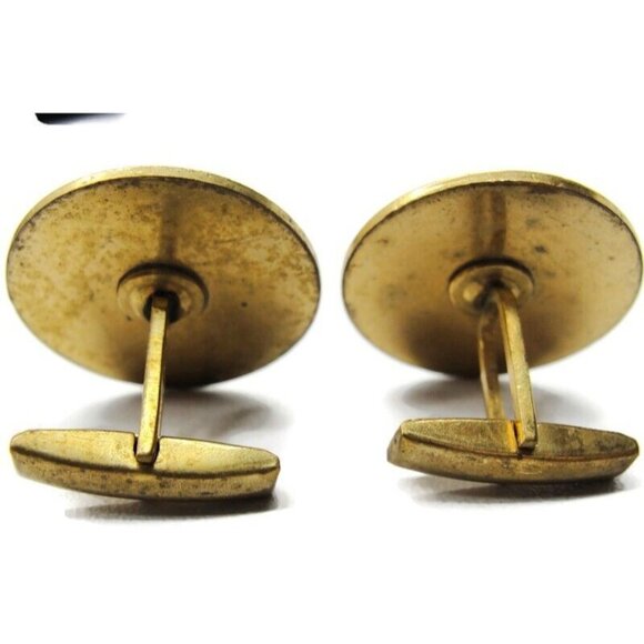 Vintage Cufflinks Enamel Woman Face Round Gold Tone Signed Pat Pend Black Hair - Picture 7 of 8